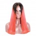 Stema Straight Machine lace closure wig Human Hair with Black Root Ombre Pink color (hair weave with closure)