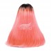 Stema Straight Machine lace closure wig Human Hair with Black Root Ombre Pink color (hair weave with closure)