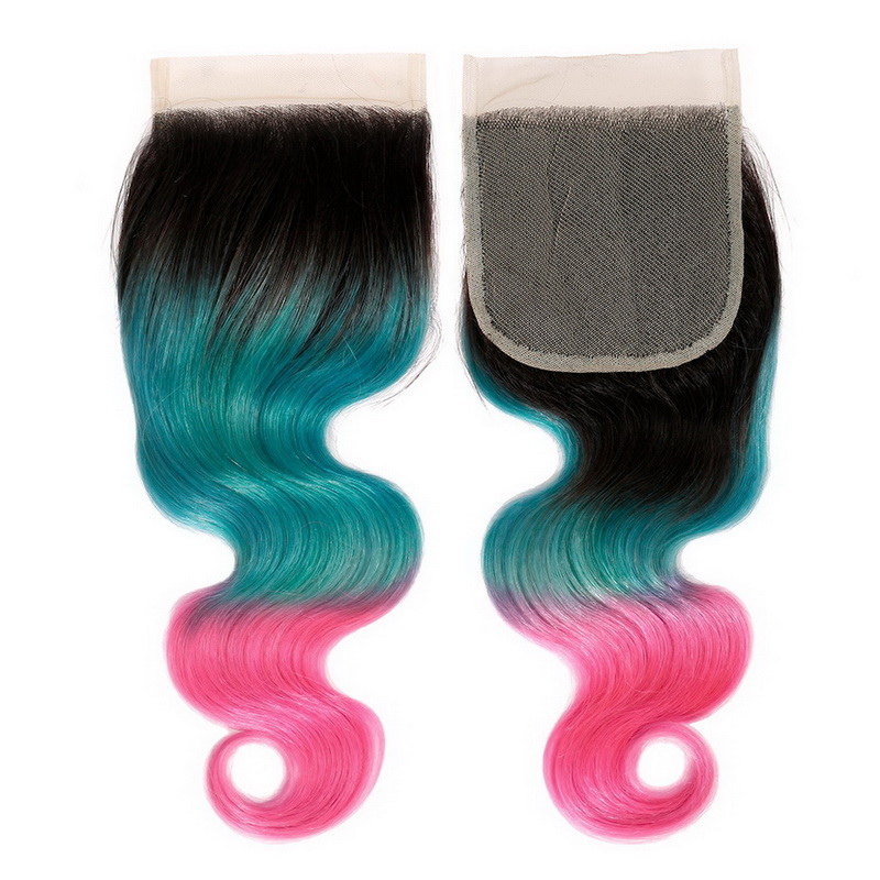 4x4 Lace Closure Ombre Ice Blue To Pink Body Wave Human Hair
