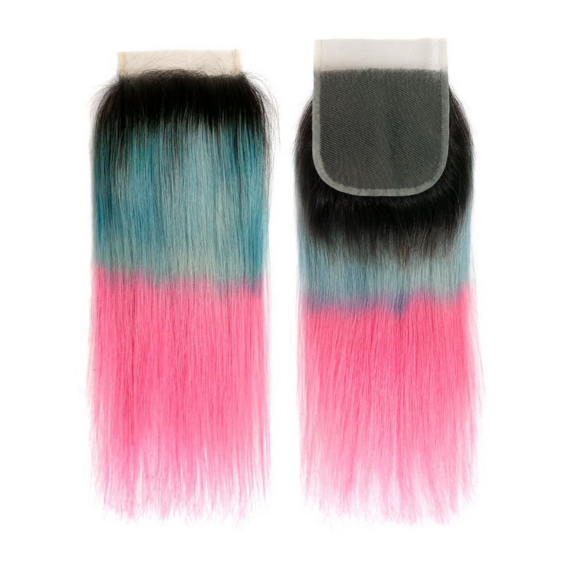 4x4 Lace Closure Ombre Ice Blue To Pink Straight Human Hair
